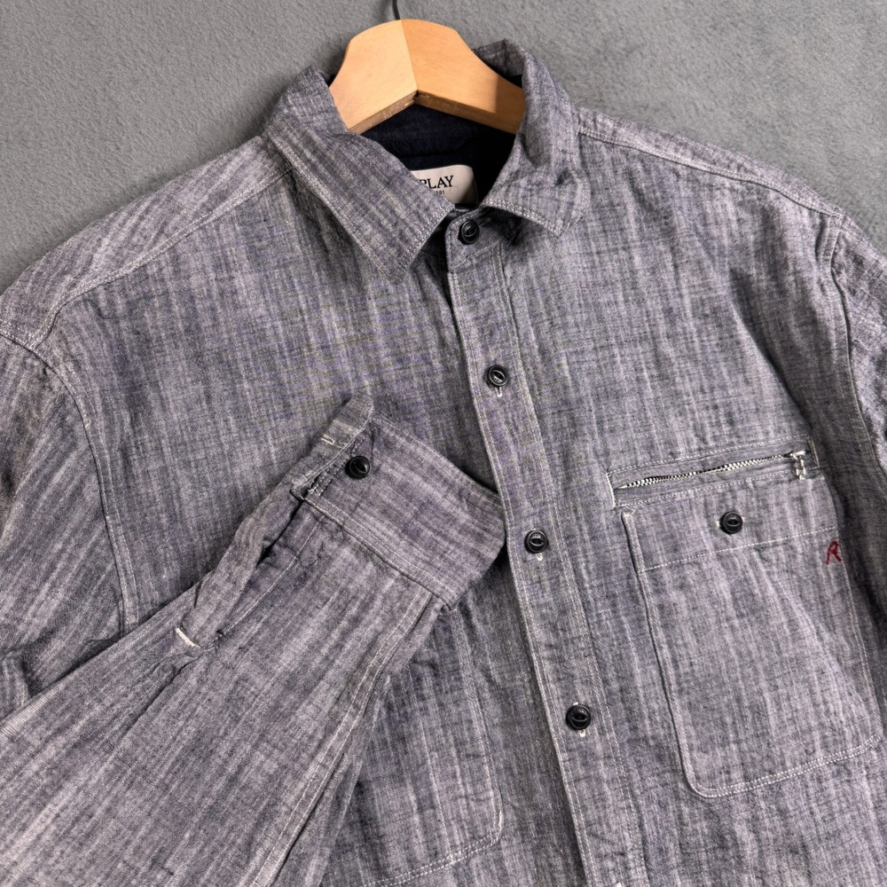 Replay Mens Gray Slub 100% Cotton Button Front Long‎ Sleeve Shirt Size M